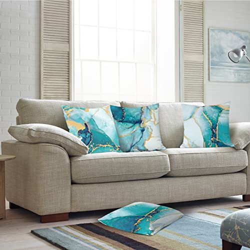 Bonhause Teal Marble Cushion Covers 45 x 45 cm Double Sided Turquoise Gold Abstract Modern Decorative Throw Pillow Covers for Sofa Patio Home Decor Set of 4 - Image 4