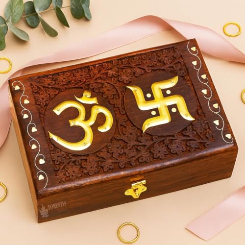 Image of Exquisitely Hand Brass-Filled Wooden OM Box for Good Luck| Jewellery Box (8X5 Inches, Crowning)