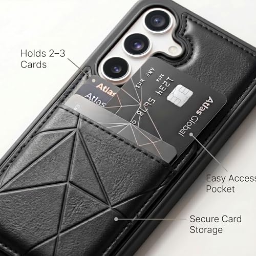 Image of amazon basics Premium Vegan Leather Back Cover with Card Holder and Integrated Mobile Stand for Samsung Galaxy S24FE 5G - Slim Shockproof Wallet Case with Geometric Stitching [Black]
