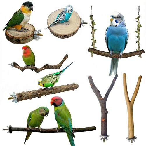 8PCS Natural Bird Perches for Cage Parakeet Perches Set Birds Toys Natural Wood Perch for Small Birds Cages Bird Cage Accessories Parrot Stand for Cockatiels Conure Lovebird Budgie Toys