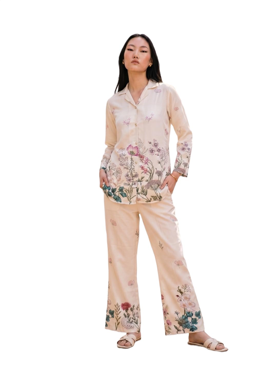 Women cream digital botanical floral print AB cotton full-sleeve shirt with bell bottom trouser co-ord set-image-23
