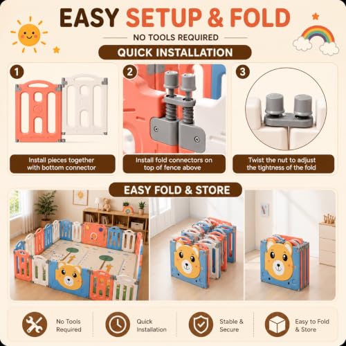 Image of Playpen for Babies for 0 - 5 Years with Mat, Balls, Gate for Kids Play pen Play Yards Fence Play Area for Kids Indoor Baby Playard Full Set for Toddlers, Child with Boundary Wall (Multi-Colour Teddy, 16 PANEL)