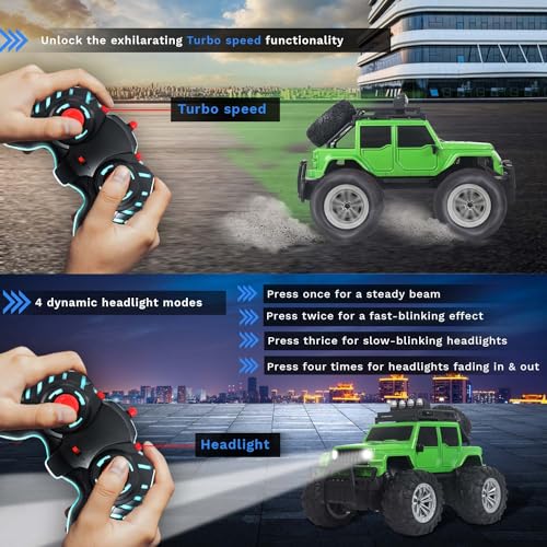 Image of Popsugar Off Roader Rechargeable Remote Control Monster Truck with 4 Headlight Modes | Lithium Battery | C-Type Charging | Remote Control Car for Kids | Made in India, Green with Black