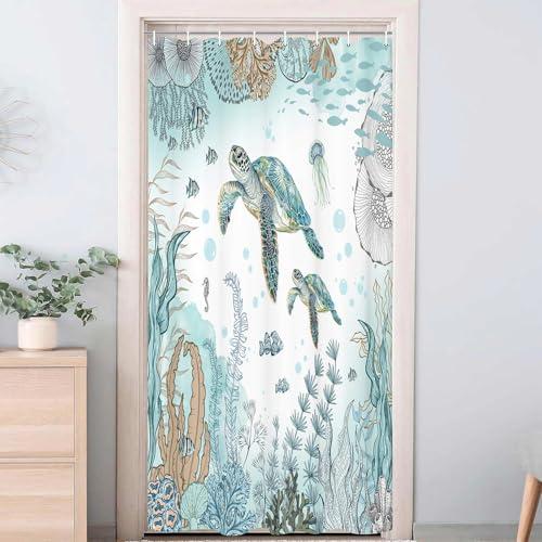 Image of Sea Turtle Shower Curtain, Funny Sea Animals Summer Nautical Shower Curtains for Kids, Teal Blue Ocean Beach Coastal Decorative Bathroom Curtain Sets Waterproof Fabric Machine Washable with Hooks