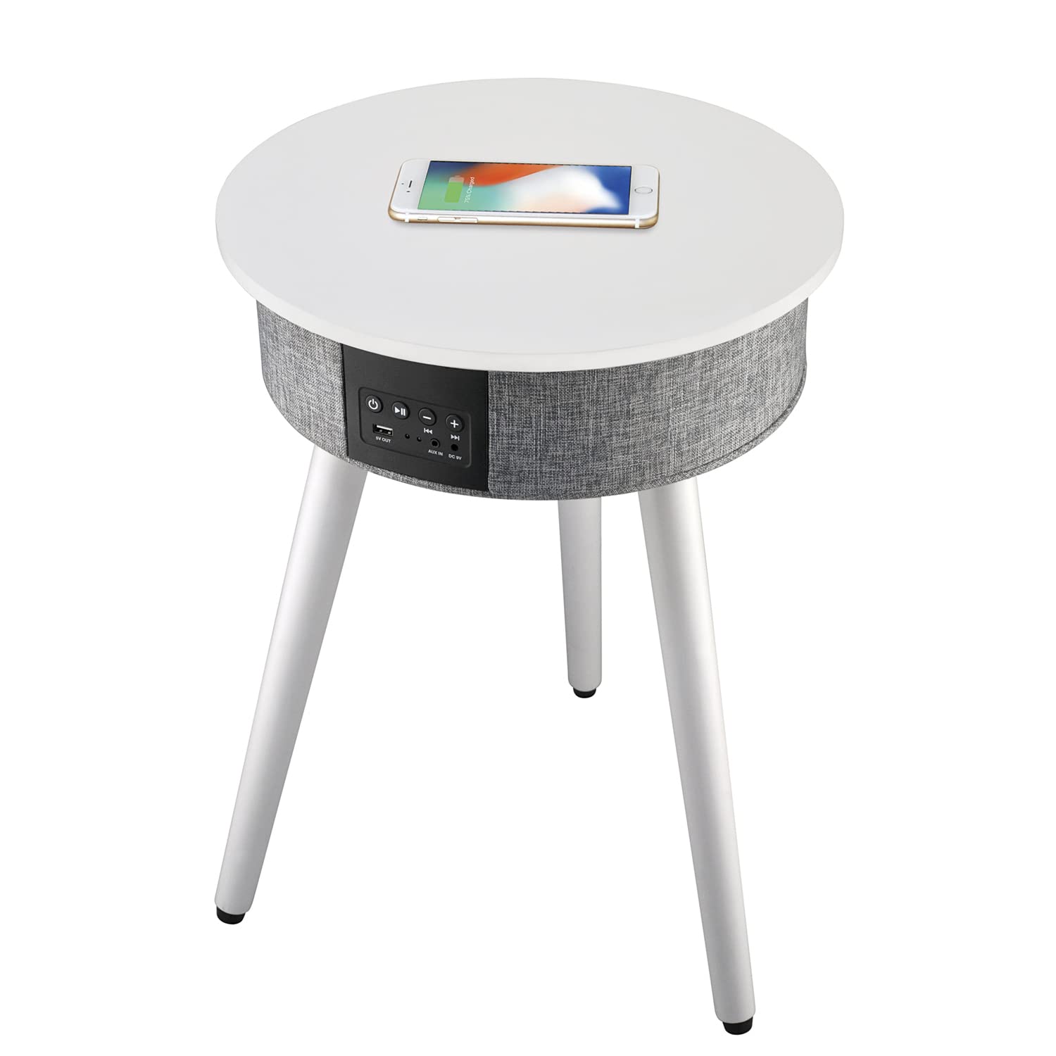 AIC - Mesa Altavoz Bluetooth Madera de 15W con Base de Carga inalámbrica Qi y USB, Mesa Auxiliar Inteligente Portátil, Batería de 2600 mAh, Entrada AUX de 3.5 mm, BTT1 Color Blanco