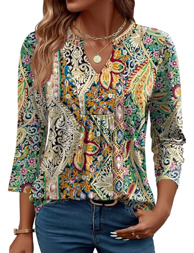 Micoson 3/4 Length Sleeve Womens Tops Fashion V Neck Blouses Dressy Casual Pleated Tunic Tops Loose Fit Work Shirts