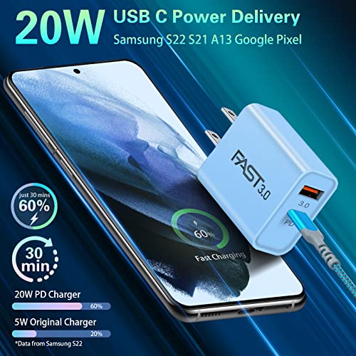 Fast Charging Wall Charger with Right-Angle USB C Cable 10FT, 2-Pack 20W USB C Power Adapter Dual Port Fast Charger Block+3A C to C Cable Fit for iPhone 15/15 Pro/Samsung Galaxy S22 Ultra S21 S20 S10
