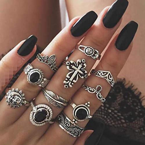 Evild Boho Vintage Rings Set Silver Flower Rhinestone Knuckle Rings Retro Thorns Leaves Joint Rings Moon Retro Midi Rings for Women and Girls(E)