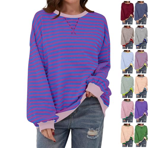 Commencu - Sudaderas de rayas con bloques de color para mujer, cuello redondo a rayas de gran tamaño, camisa de entrenamiento suelta, Morado (, L