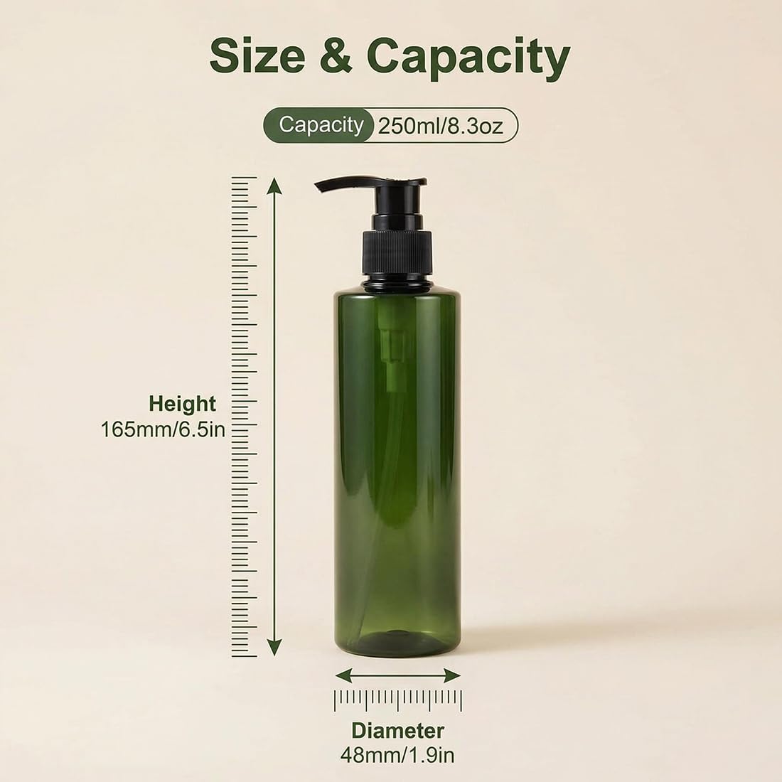 2 bottiglie in plastica da 250 ml, ricaricabili, con pompa nera vuota, per cosmetici, cosmetici, shampoo, balsamo, gel doccia, dispenser per lozioni (verde)