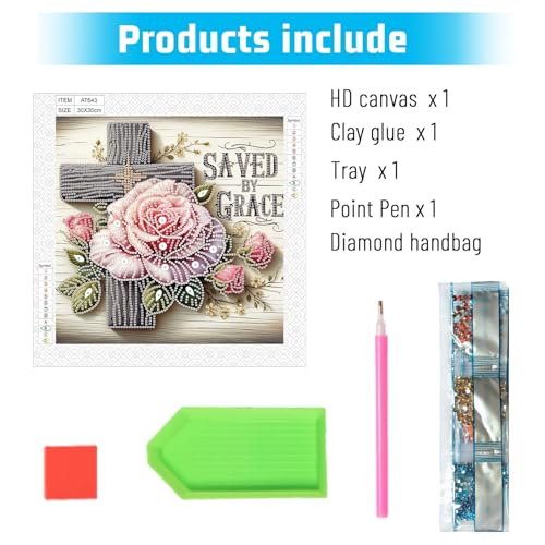 Image of AiYuanzsh 5D Special Shape Diamond Art Kits for Beginners, Diamond Art Painting Kits for Adults Cross and Flower, Crystal Rhinestones Diamond Art for Home Wall Decoration Gift 12x12 inch /30x30 cm