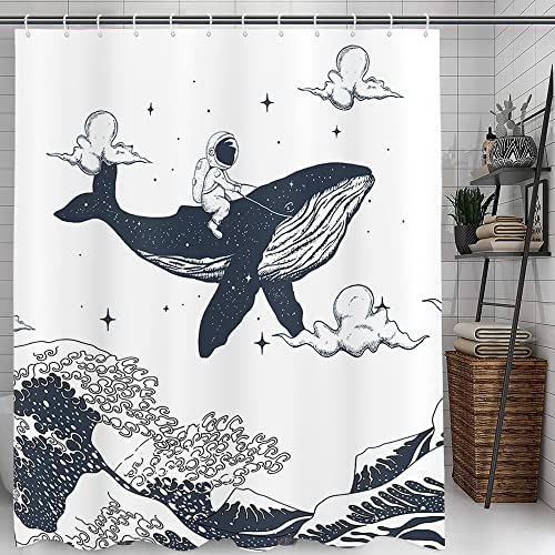 Dynh Ocean Wave Shower Curtain, Astronauts Riding Whales In Ocean Wave Bathroom Curtains, Fabric Oriental Vintage Kanagawa Japanese Wave Art Shower Bathroom Wiht 12Pcs Hooks, 69X70In Blue White #TOP3