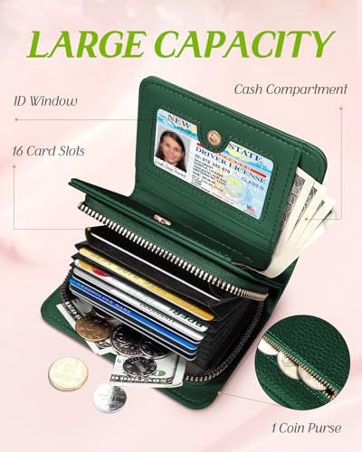 Image of Bistup Leather 12 Slot Accordion Card Holder Wallet, Green Bee | Accordion Storage, Zipper Around Closure, Compact Patterned Wallet for IDs, Cards, Cash, Daily Carry and Gifts