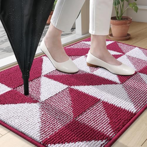 Image of OLANLY Door Mat Indoor Entrance Washable 36x24, Odor-Free Low-Profile Front Back Geometric Doormat, Absorbent Resist Dirt Entry Carpet, Easy to Clean Sturdy Inside Floor Mats for Entryway, Burgundy