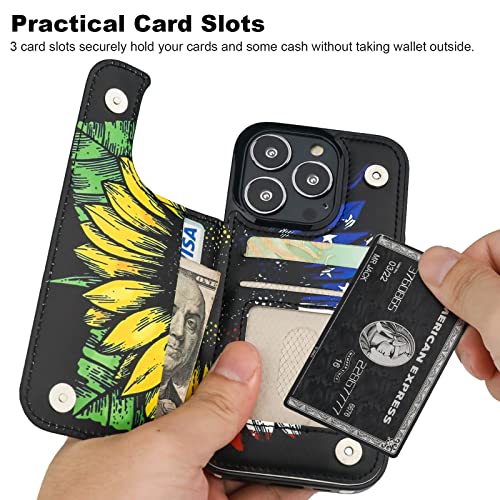 Image of HAOPINSH for iPhone 13 Pro Case Wallet with Card Holder, American Flag Sunflowers Pattern Back Flip Folio PU Leather Kickstand Card Slots Case for Women Girls, Double Magnetic Clasp Cover 6.1 inch