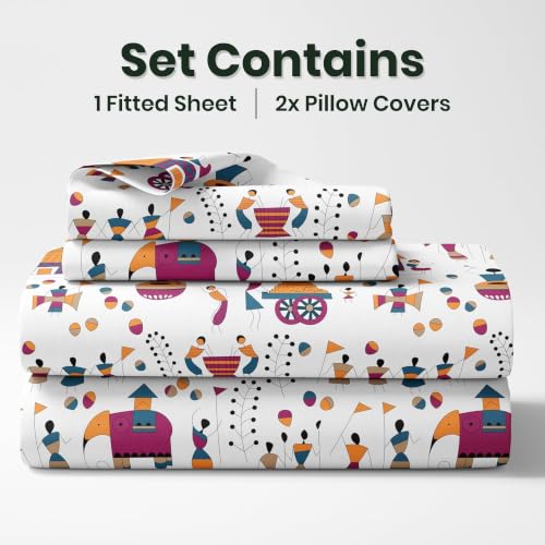 Image of LORETO - A QUALITY LINEN BRAND 186 TC 100% Pure Cotton King Size Fitted Bedsheet with 2 Pillow Covers for 78 x 72 Inch Mattress, All-Around Elastic, 8 Inch Deep Pocket, Tribal Motifs