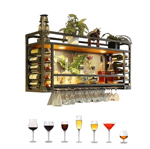 Botellero de Pared Moderno de Metal con luz LED, 110 x 30 x 50 cm, Elegante Expositor de vinos con Colgador para Copas, Ideal para Cocina, Bar y Comedor.