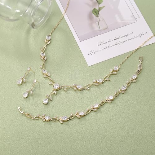 Image of EVER FAITH Cubic Zirconia Pearl Leaf Bridal Jewelry Set for Bride Women