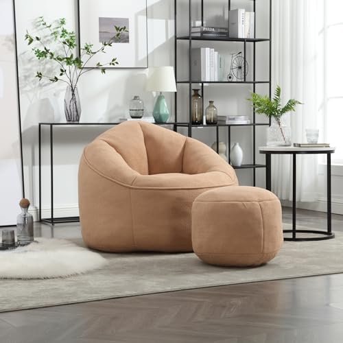 Cozy Bean Bag Sofa Chair with Ottoman,Modern High-Pressure Foam Lazy Seating for Living Room & Bedroom,Stylish Accent Chair (Tan)