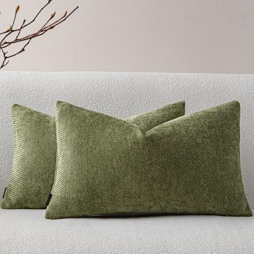a moment Pack of 2 Decorative Chenille Throw Pillow Covers with Twill Cushion Covers for Sofa Living Room Couch Bed 12x20 Inch Moss Green