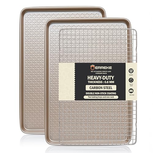 Erreke Set de Bandejas de Horno Antiadherentes con Rejilla, 40x27 cm Acero al Carbono 0.8 mm, Ideal para Galletas, Palmeras, Magdalenas, Pollo Asado, Pescado y Verduras al Horno, Apto Lavavajillas