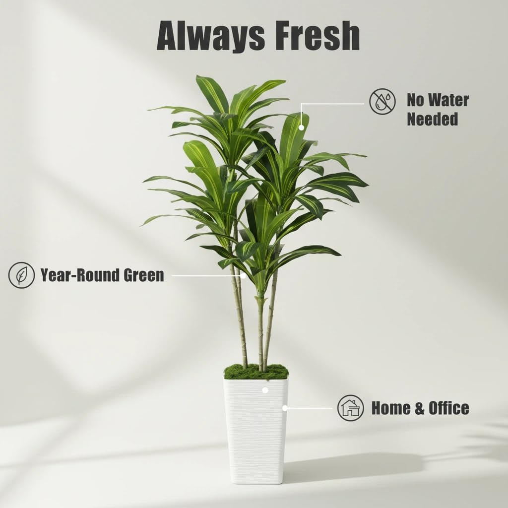 Artificial Dracaena Tree 5FT, Fake Tree with White Tall Planter - Faux Yucca Tall Fake Floor Plant in Pot - Artificial Plant for Home Office Living Room Decor Indoor