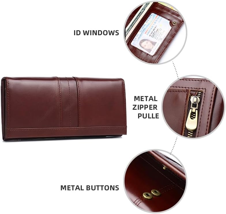 RFID Blocking Wallets for Women Leather Long Ladies Wallet Bifold Womens Wallet with Coin Pocket ID Window,Coffee - Image 5