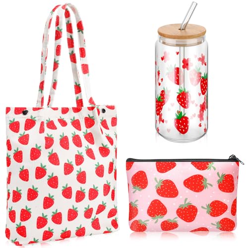 Strawberry Gift Set, Included 16oz Glass Cups with Lids and Straws Waterproof Travel Bag Pouch Strawberry Makeup Bag and Corduroy Tote for Women Christmas Birthday Mothers Day