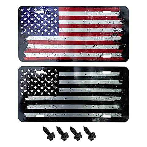 USA Made - Double Sided Extra Thick Brushed Aluminum American Flag License Plate + 4 Black License Plate Screws - USA License Plate Frame Cover Cover
