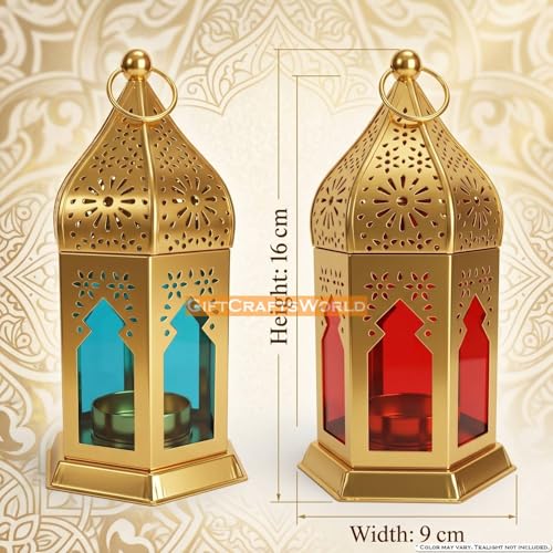 Image of Decorative Diwali Hanging Lantern Tealight Candle Holder Lights for Home Balcony Decoration, Metal Vintage Style Lamp Festive Accent Piece Indoor Outdoor (Red - Light Blue, Set of 4)