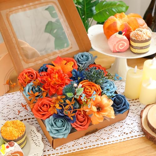 Kisflower orange-blue Artificial Flower Combo Fake Rose Faux Dahlia Flowers with Stems for DIY Wedding Bridal Bouquet Party Home Decorations - Image 2