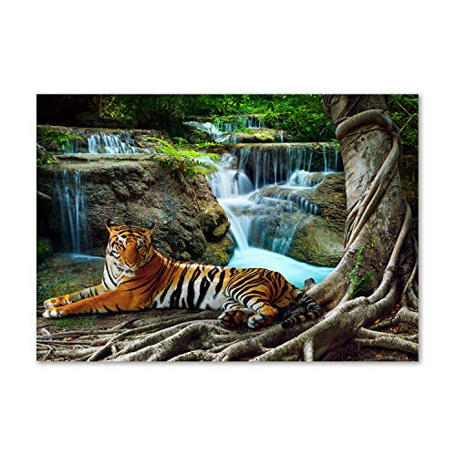 Tulup Impression sur Verre de 100x70 cm Image Tableau Photo décorative panoramique pour la Cuisine et Le Salon - Animaux - Chute d'eau du Tigre - Brun