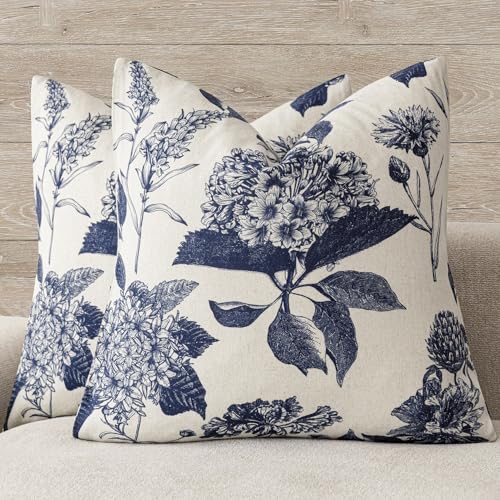 Image of Foindtower Set of 2 Linen Floral Vintage Throw Pillow Covers Neutral Accent Print Decorative Cozy Cushion Covers Farmhouse Boho Home Decor for Sofa Chair Couch Bed Living Room,18x18 Inch,Navy Blue