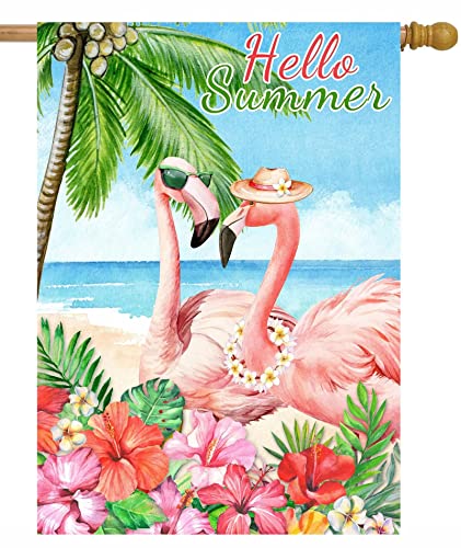 Pickako Hello Summer Flamingo Couple Garden Flag For Outside Decor 28X40 Double Sided Vertical, Summer Tropical Ocean Beach Garden Yard House Flags Seasonal Spring Summer Outdoor Decoration #TOP1