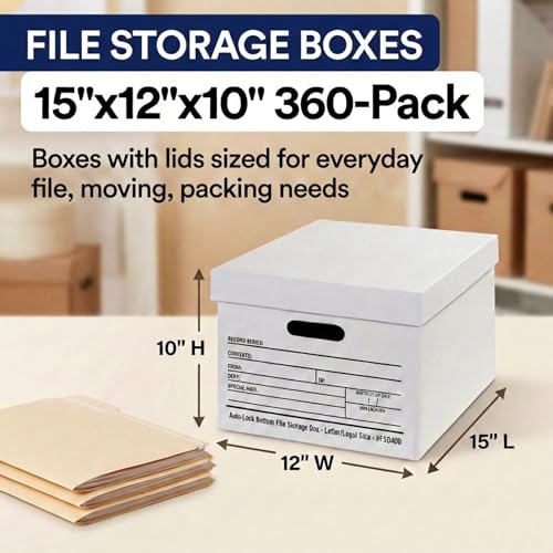Image of BOX USA File Boxes with Lids and Handles (360-Pack) - File Storage Boxes for Office Supplies, Book Storage, Moving, and Packaging, Fits Letter and Legal Paper, Removable Lid