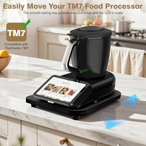 Deska ślizgowa do Thermomix TM7 – drewniana deska do robota kuchennego Thermomix Vorwerk TM7 akcesoria – z kółkami 360° i gumowymi nóżkami, łatwa do przenoszenia, podkładka do Thermomix TM7 (czarna)