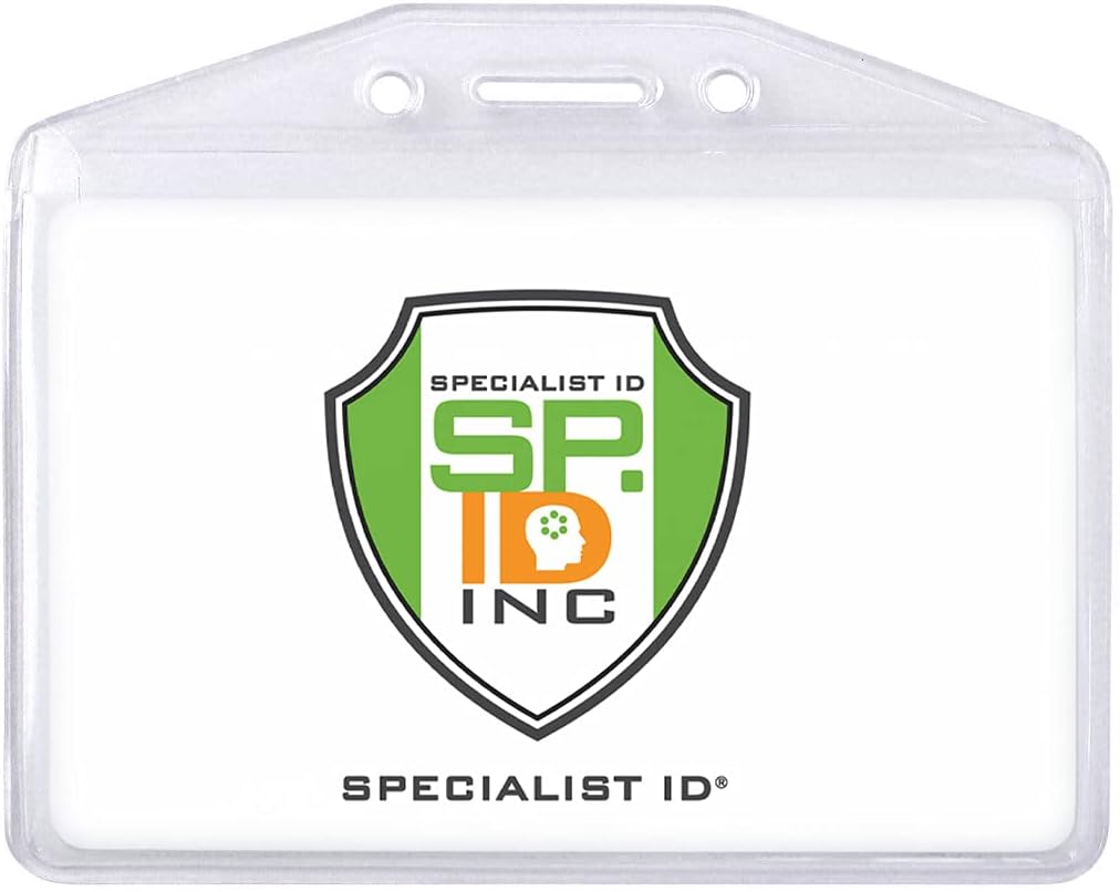 Bulk 100 Pack - Clear Soft Vinyl Horizontal Badge Holder with Fold Over Flap - Heavy Duty Name Tag Protector for I'd Card by Specialist ID