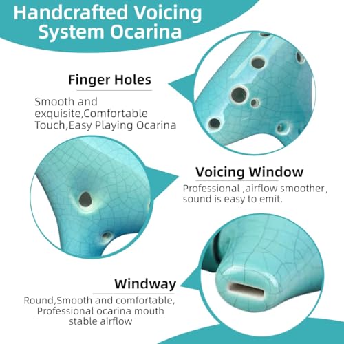 Image of 12 Hole Ocarina Instrument With Song Book for Beginner,Alto C Ceramic Ocarina(Cyan Ice-crack Crack)