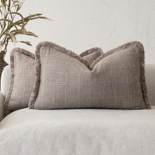 Image of Foindtower Set of 2 Decorative Linen Check Fringe Throw Pillow Covers Farmhouse Lumbar Cushion Covers Modern Boho Home Decor for Sofa Chair Couch Bedroom Living Room,12x20 Inch,Tan Taupe