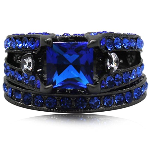 Black Blue Princess Cut Cubic Zirconia Wedding Ring Set4