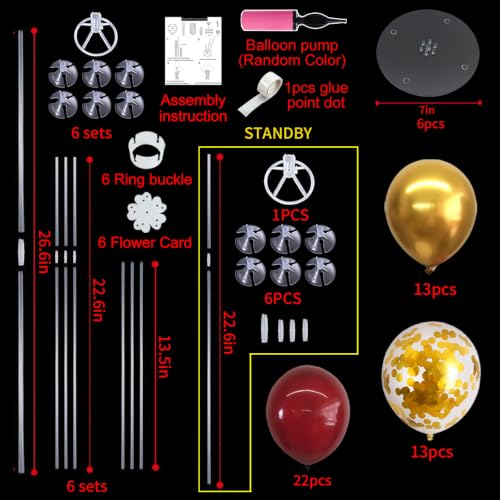 Image of TONIFUL 6 Set Wine Red Gold Balloon Stand Balloon Centerpieces for Table