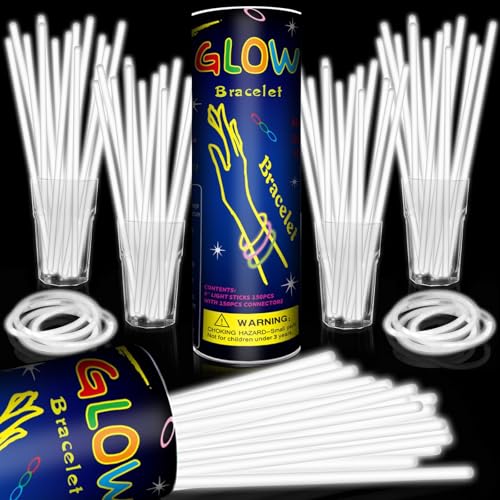 Taikula 200 Pack 8 Glow Sticks Bulk Party Favors White Light Up Sticks with Connectors Neon Glow in the Dark Party Supplies Bracelets for Holiday Birthday Party Decoration(White)