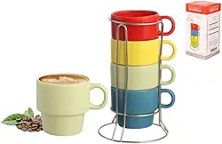 Jogo 4 Xicaras Chá Porcelana 180ml Com Suporte Inox Colorida