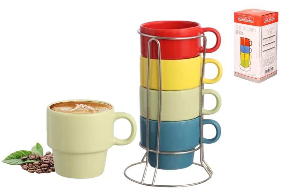 Jogo 4 Xicaras Chá Porcelana 180ml Com Suporte Inox Colorida