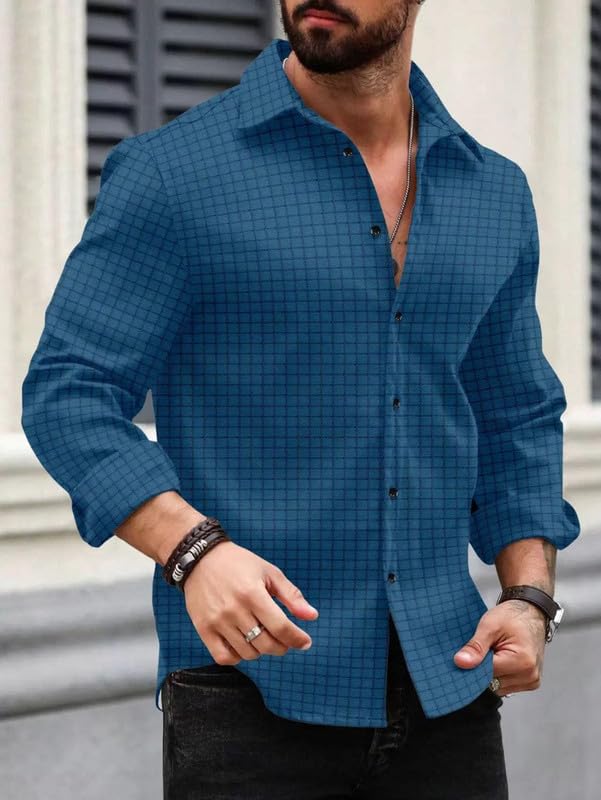 Image of DEELMO Men's Regular Fit Button Down Dress Shirts Textured Long Sleeve Casual Hawaiian Shirt