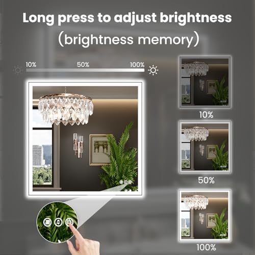 Image of WTTY 36 inchX36 inch LED Bathroom Mirror with Black Frame, Bathroom Vanity Mirror with Lights for Wall, Front Light and Backlit, Anti-Fog, Dimmable, 3 Colors, Shatterproof, Memory, Horizontal /Vertical
