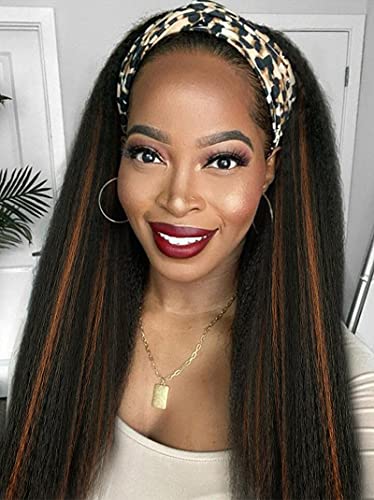 AISI BEAUTY Yaki Straight Headband Wigs for Women Mix Brown Kinky Straight Hair Wigs with Black Headband 24 Inches Synthetic Highlights Wig for Daily Party Use