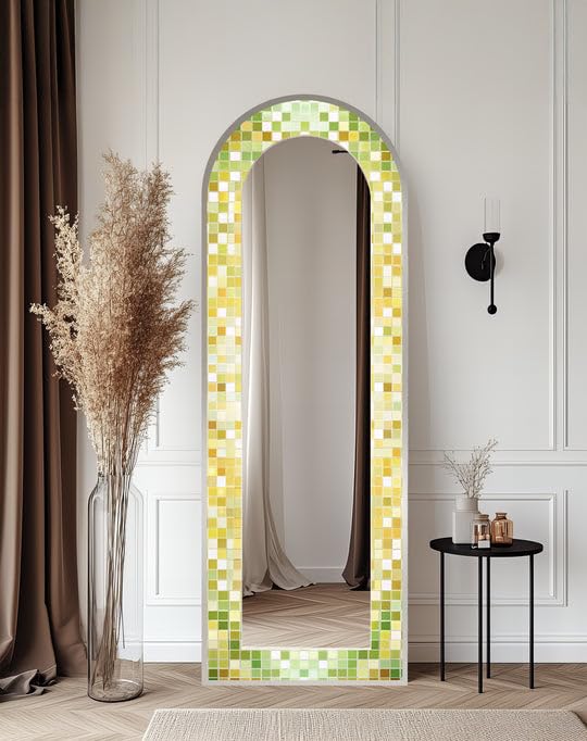 Lime Glow Harmony - Specchio da pavimento con mosaico verde fresco, lunghezza completa, 50,8 x 160 cm (larghezza x altezza), con cornice nera e cornice dorata
