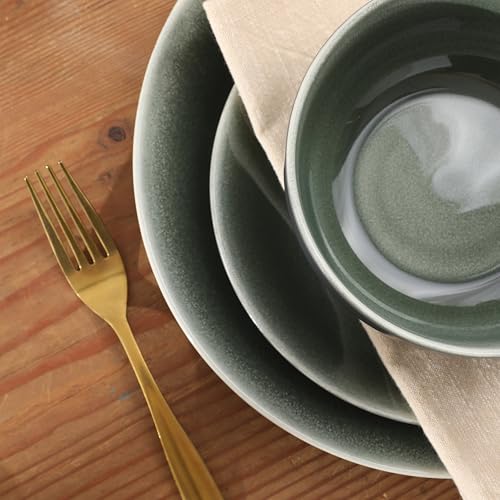 Image of Gibson Elite Pine Coast Plates and Bowls Sets, 12-Piece Stoneware Dinnerware Sets, Reactive Glaze Dish Set - Green