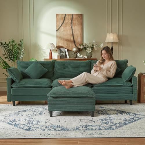 Image of Corduroy Storage Ottoman Coffee Table for Modular Sectional Couch, Corduroy Footrest Extension with Hidden Storage, Modern Soft Cushioned Stool for Living Room, Green